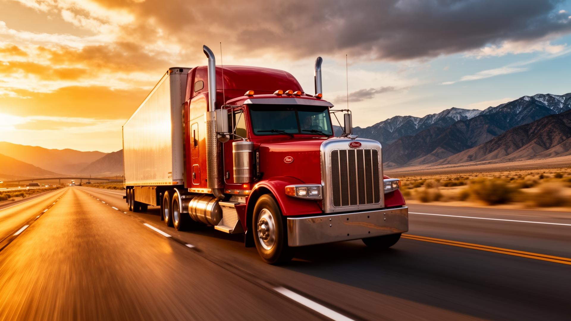 Red semi-truck on US interstate at golden hour